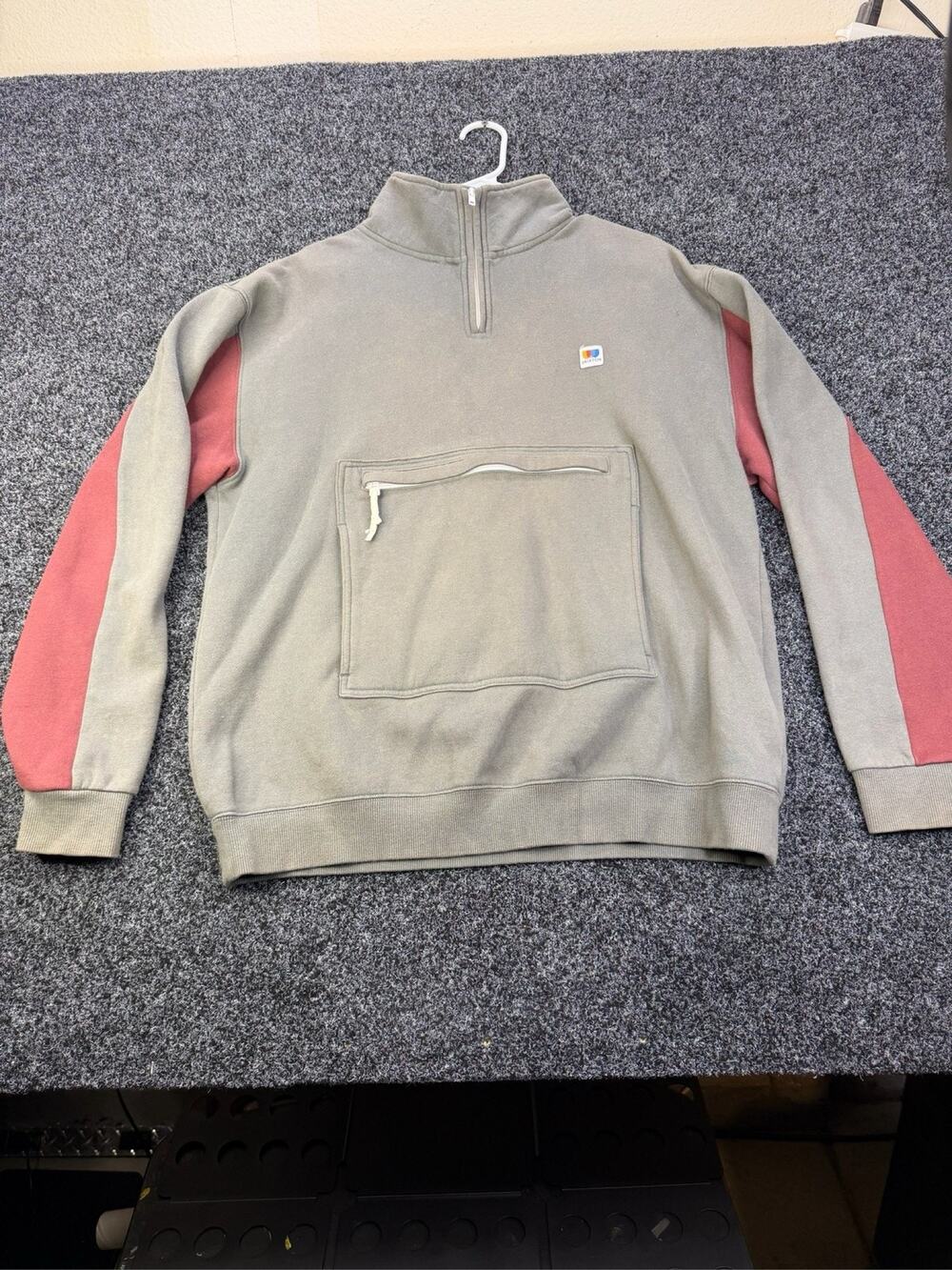 Brixton Men's Quarter Zip Pullover Sweatshirt Gray Red Pocket Size M